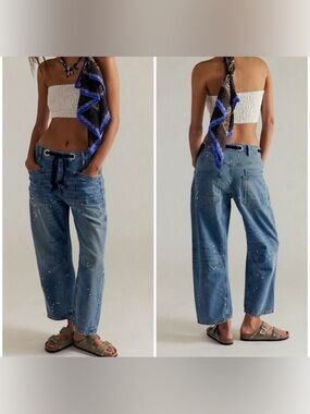 Free People Blue Paint-Splatter Wide Leg Jeans